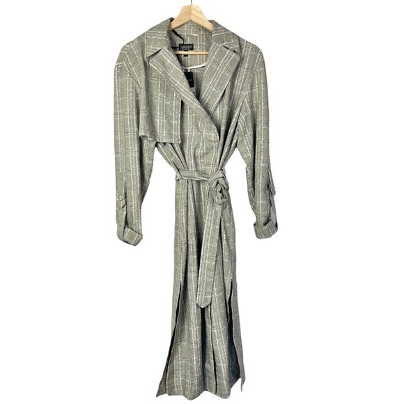 NEW TopShop Black & White Checkered Plaid Belted Mid Length Trench Coat 10 - Picture 3 of 5